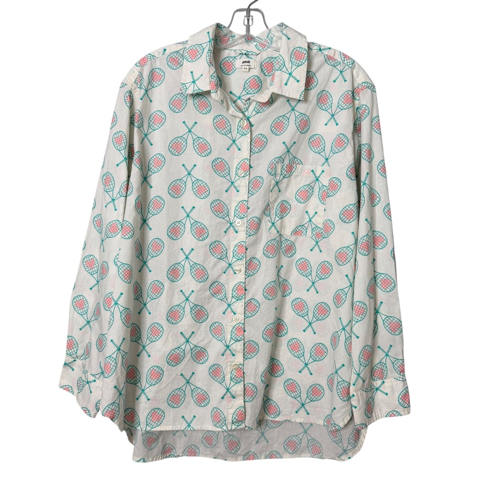 Aerie Tennis‎ Racket Pajama Shirt Womens M White Multi Cotton Lightweight Comfy